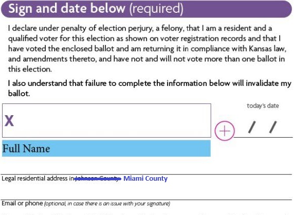 Graphic of return mail ballot envelope - showing how to cross out Jo Co and write in Miami County